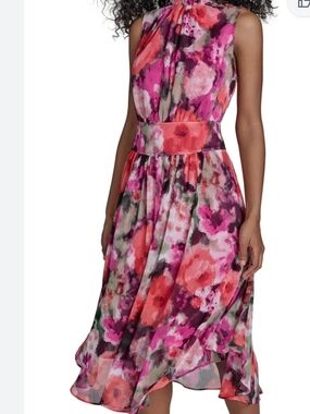 Calvin Klein Pink and Coral Floral Halter Midi Dress